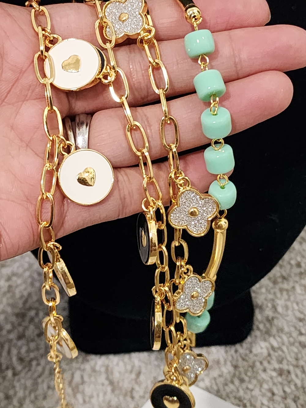 NWOT, Gold Chain Bracelet with Mint Bead Accents and Pave Flower Charms